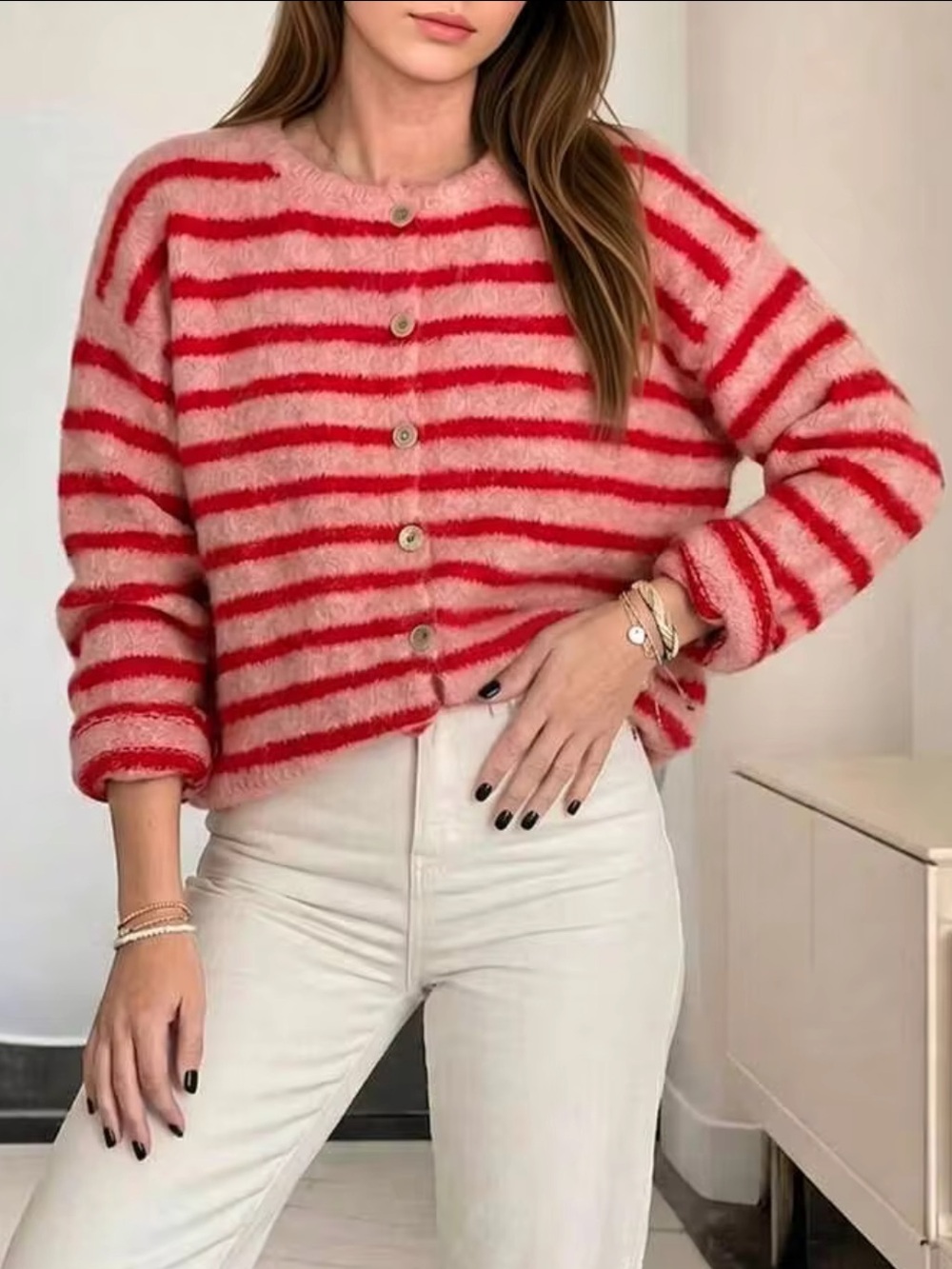 SHEIN Pink and Red Striped Fuzzy Button-Up Cardigan
